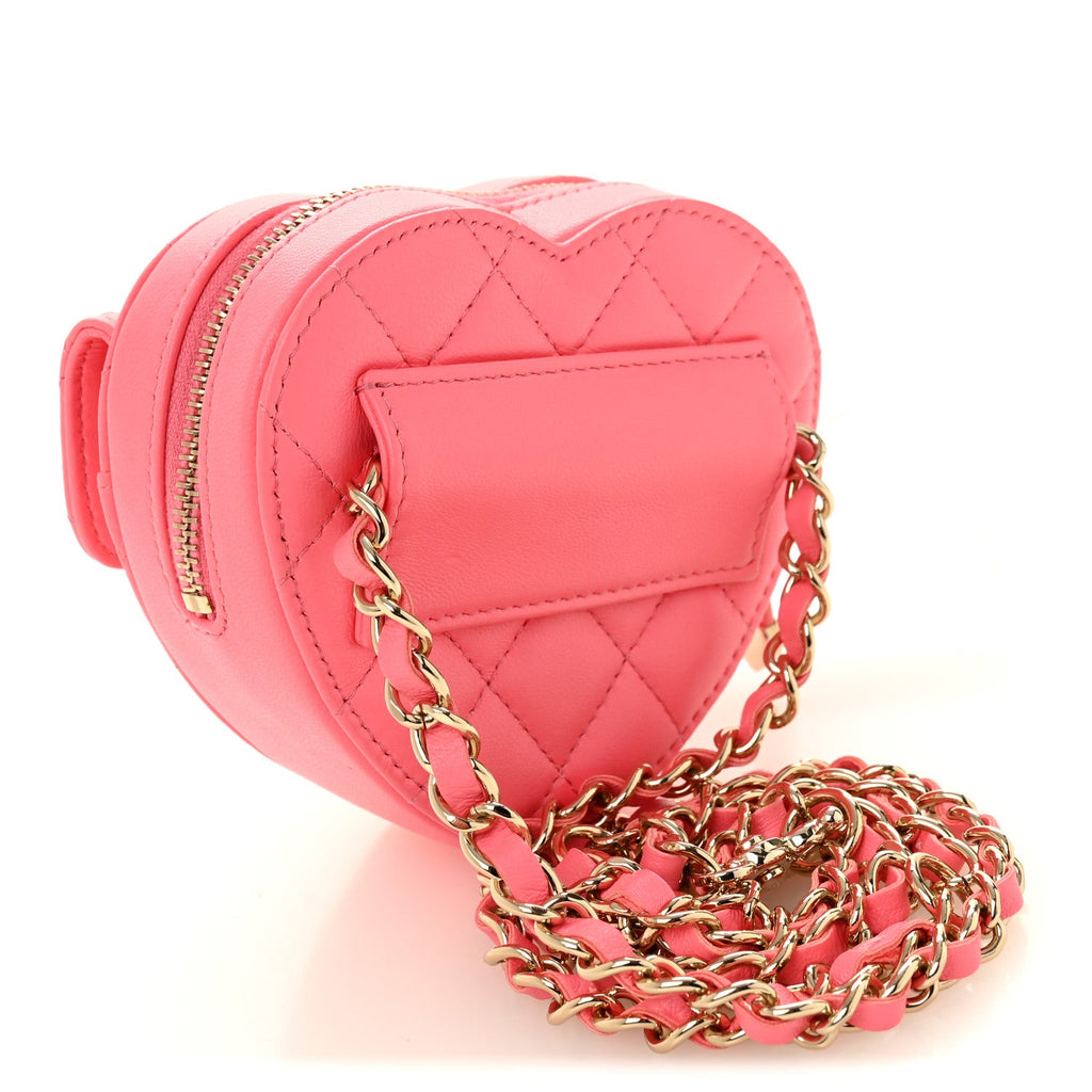 Chanel Lambskin Quilted CC In Love Heart Waist Belt Bag With Chain Pink