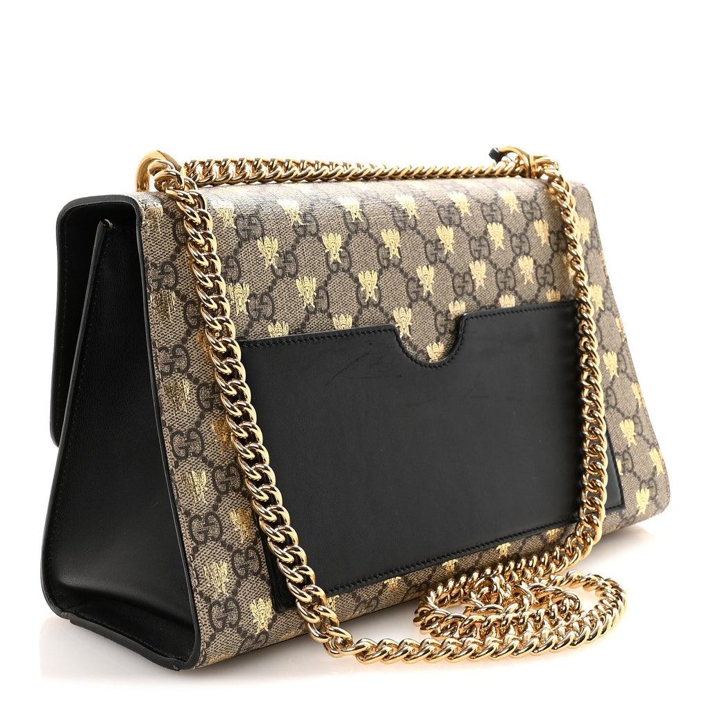 Gucci GG Supreme Monogram Bees Medium Padlock Shoulder Bag Beige Oro Black