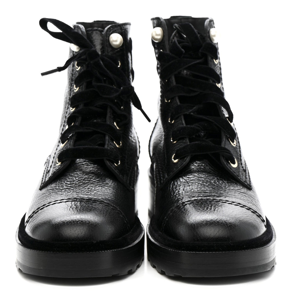 Chanel Shiny Calfskin Velvet Pearl Combat Short Boots 38 Black