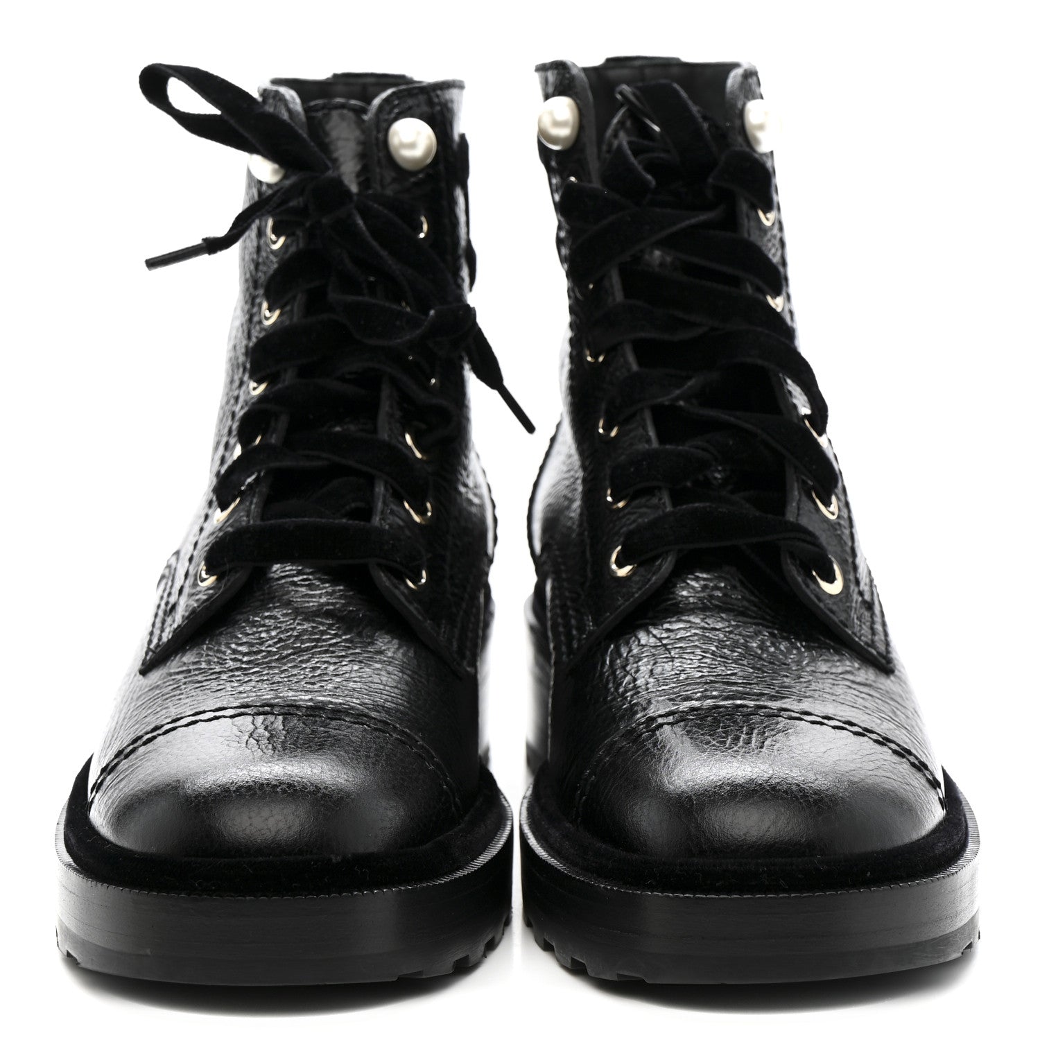 Chanel Shiny Calfskin Velvet Pearl Combat Short Boots 38 Black