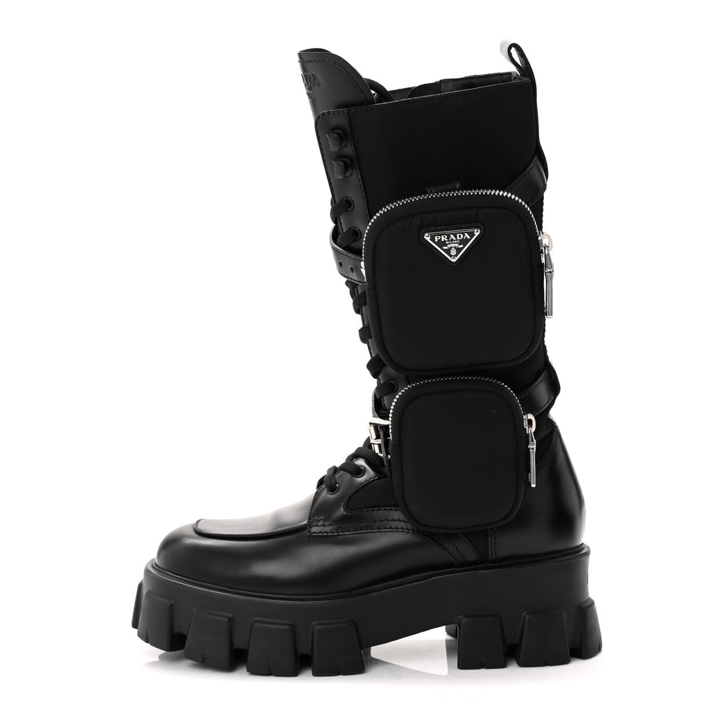 Prada Spazzolato Rois Re-Nylon Metal Triangle Logo Monolith Pouch Pocket 55mm Tall Combat Boots 39 Black