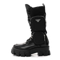 Prada Spazzolato Rois Re-Nylon Metal Triangle Logo Monolith Pouch Pocket 55mm Tall Combat Boots 39 Black