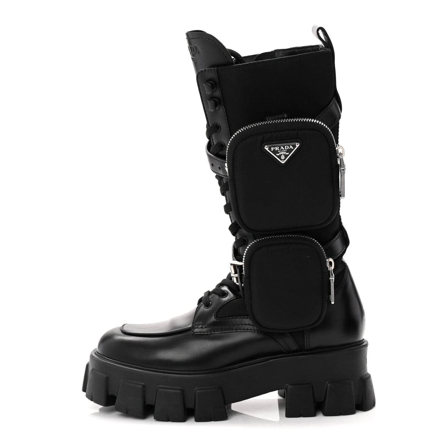Prada Spazzolato Rois Re-Nylon Metal Triangle Logo Monolith Pouch Pocket 55mm Tall Combat Boots 39 Black