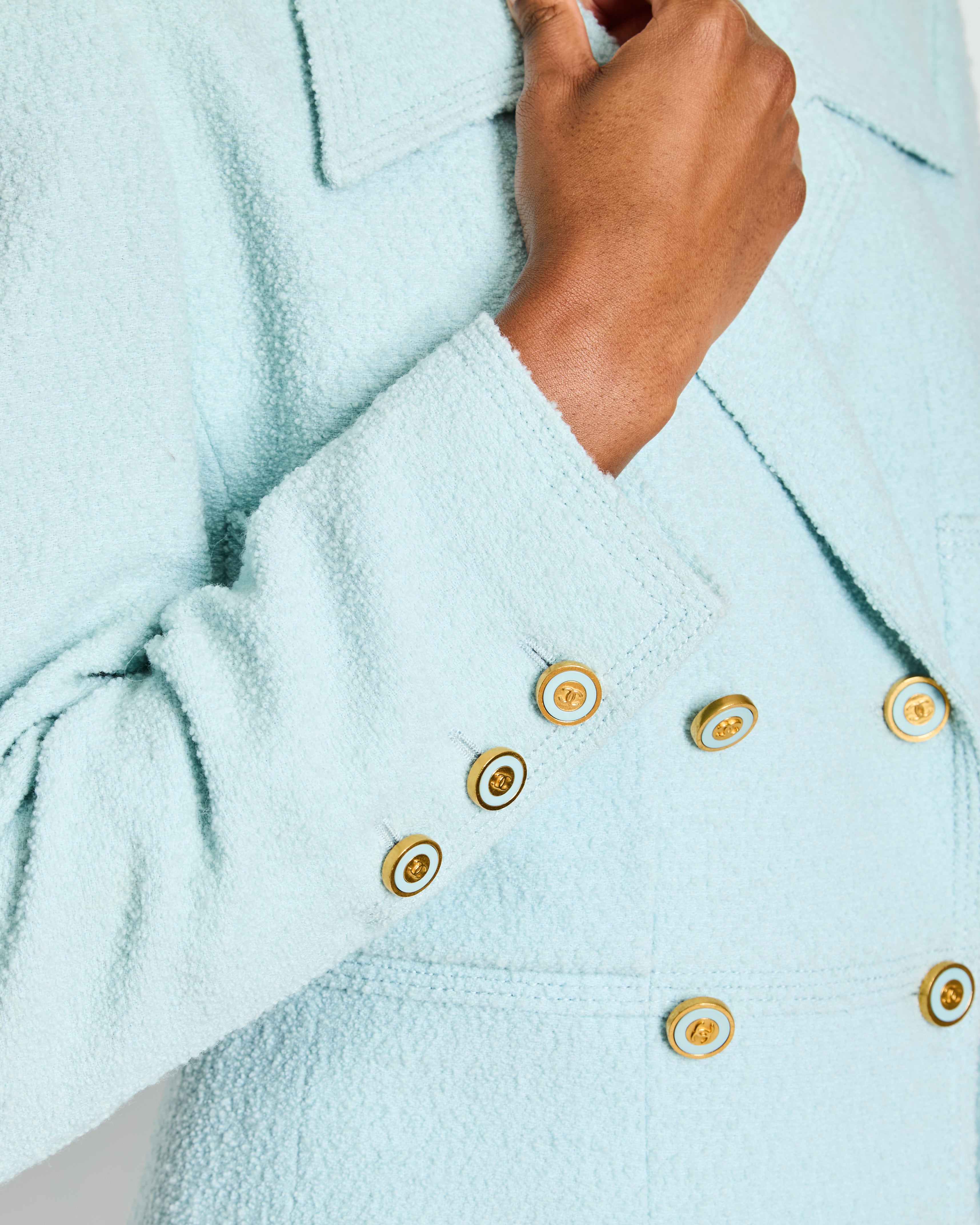 Chanel 96/C Baby Blue Double Breasted Blazer with Gold CC Buttons Size FR 46 (UK 18)