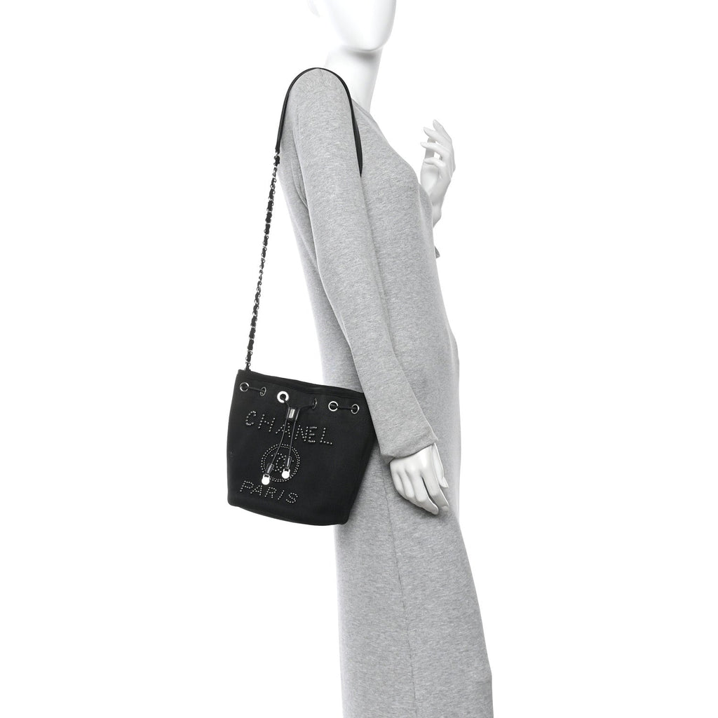Chanel Canvas Deauville Drawstring Bucket Bag Black