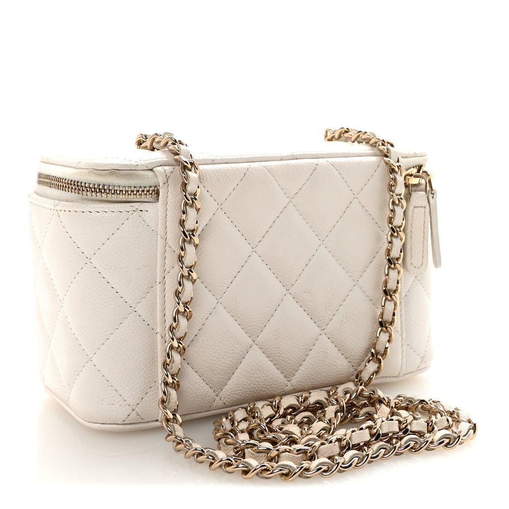 Caviar Quilted Small Vanity Case With Chain White