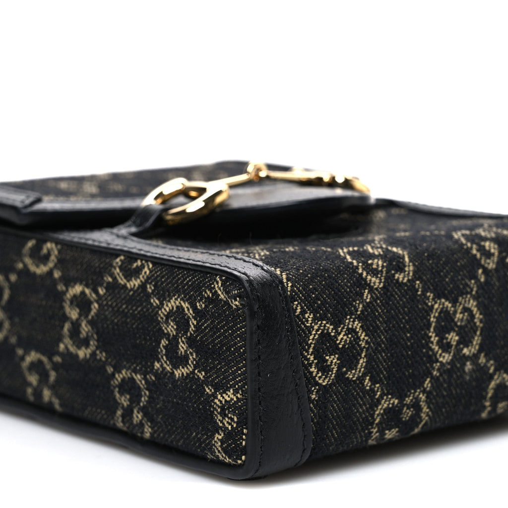 Gucci Jacquard Black Denim GG Monogram Textured Dollar Calfskin Mini Horsebit 1955 Crossbody Bag Black Ivory