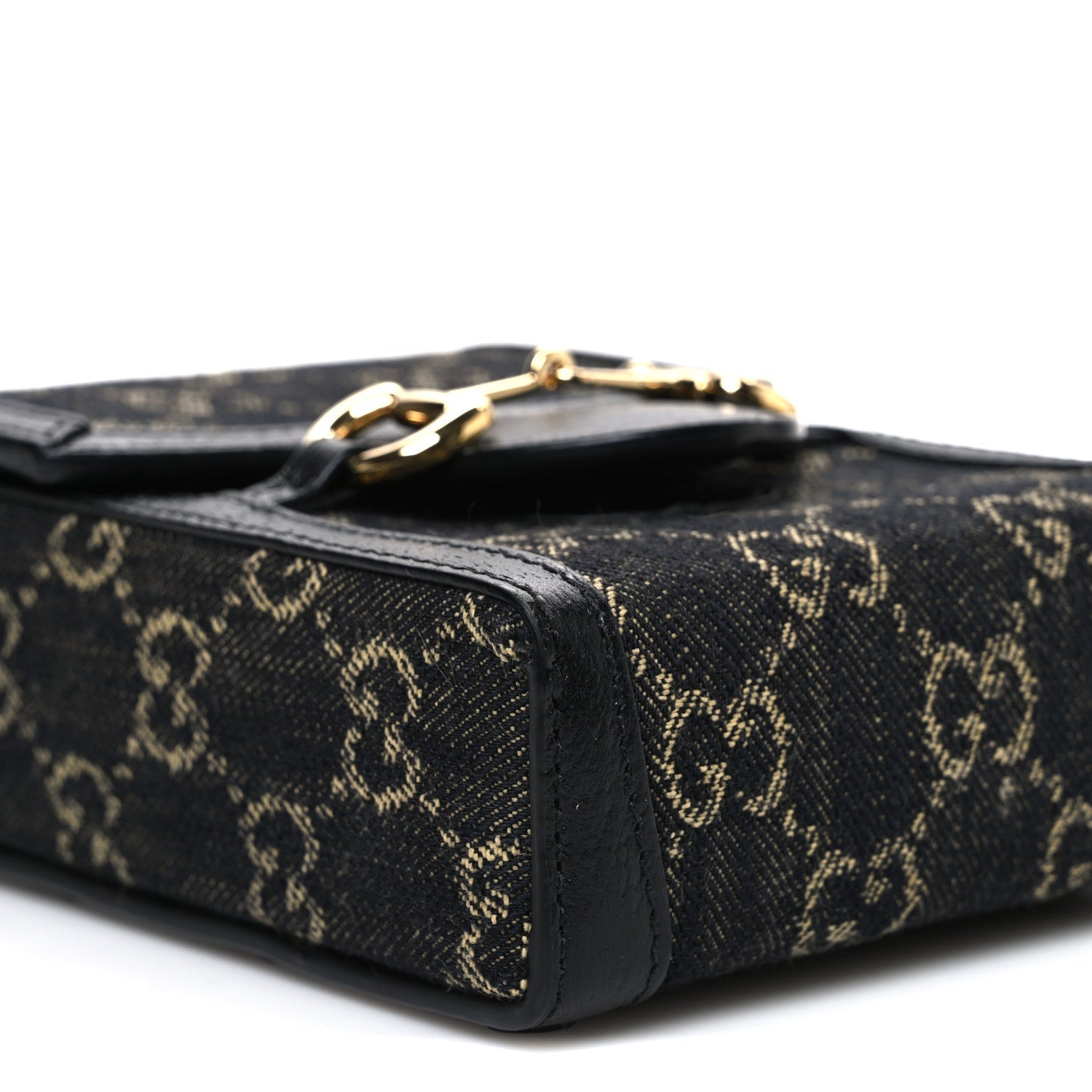 Gucci Jacquard Black Denim GG Monogram Textured Dollar Calfskin Mini Horsebit 1955 Crossbody Bag Black Ivory