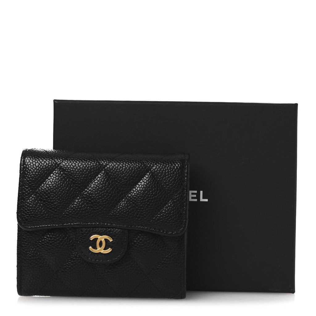 Caviar Quilted Compact Flap Wallet Black