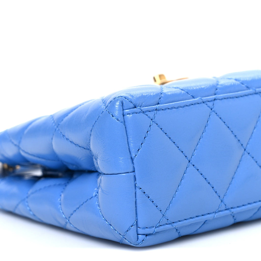 Chanel Shiny Aged Calfskin Quilted Nano Kelly Shopper Blue
