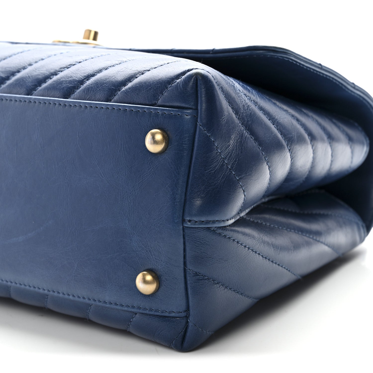 Chanel Aged Calfskin Chevron Quilted Small Coco Handle Flap Blue