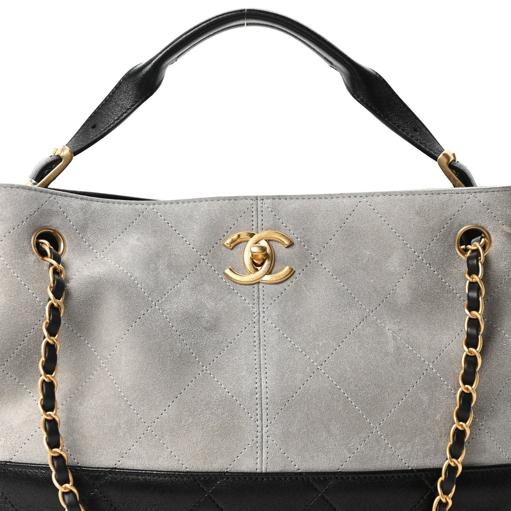 Chanel Suede Calfskin Shiny Lambskin Quilted Small Coco Base Shopping Bag Grey Black