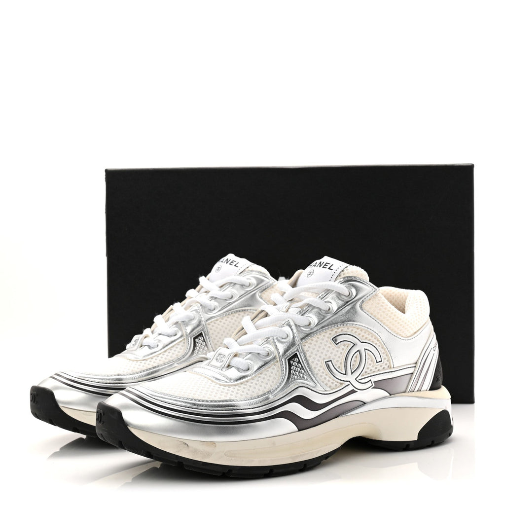 Fabric Laminated Calfskin Stretch CC Womens Sneakers 40 White Silver
