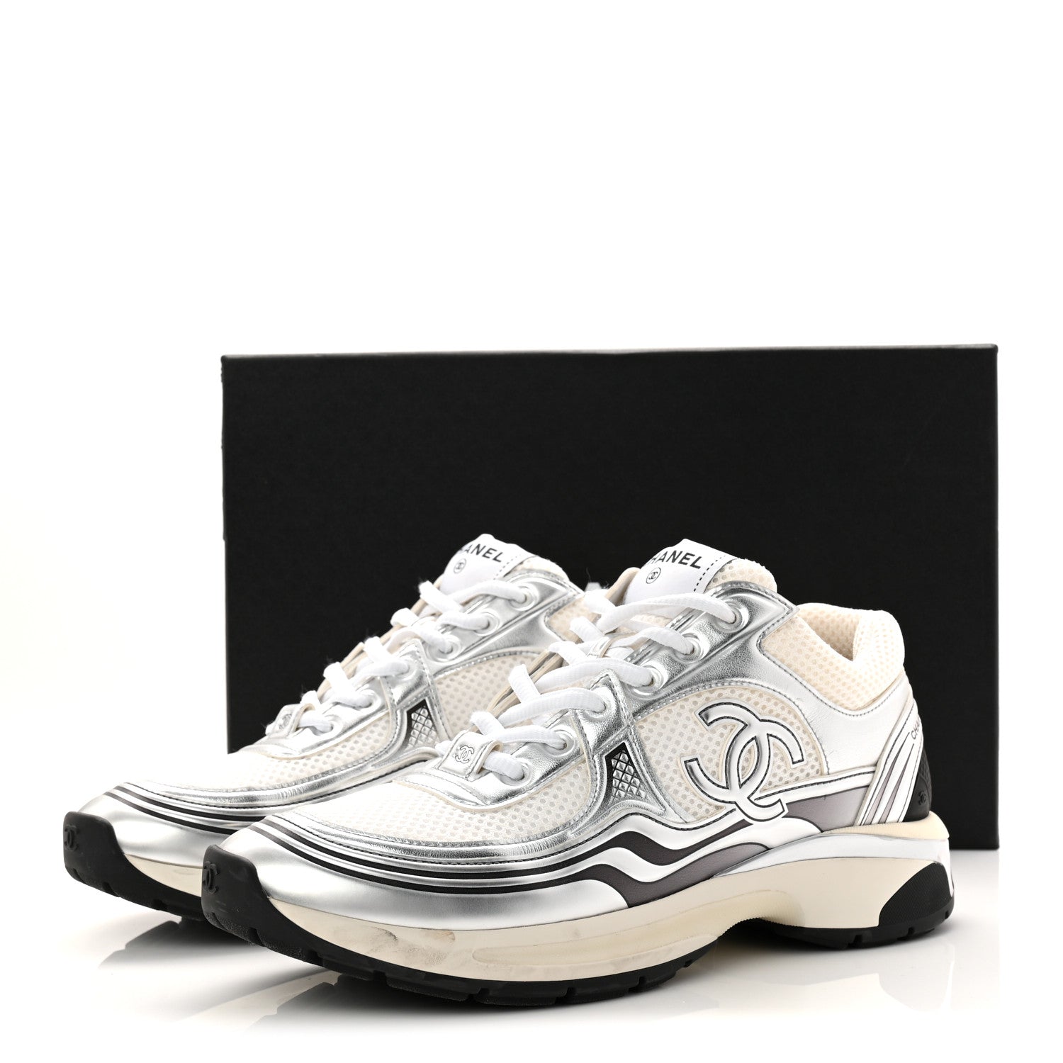 Fabric Laminated Calfskin Stretch CC Womens Sneakers 40 White Silver