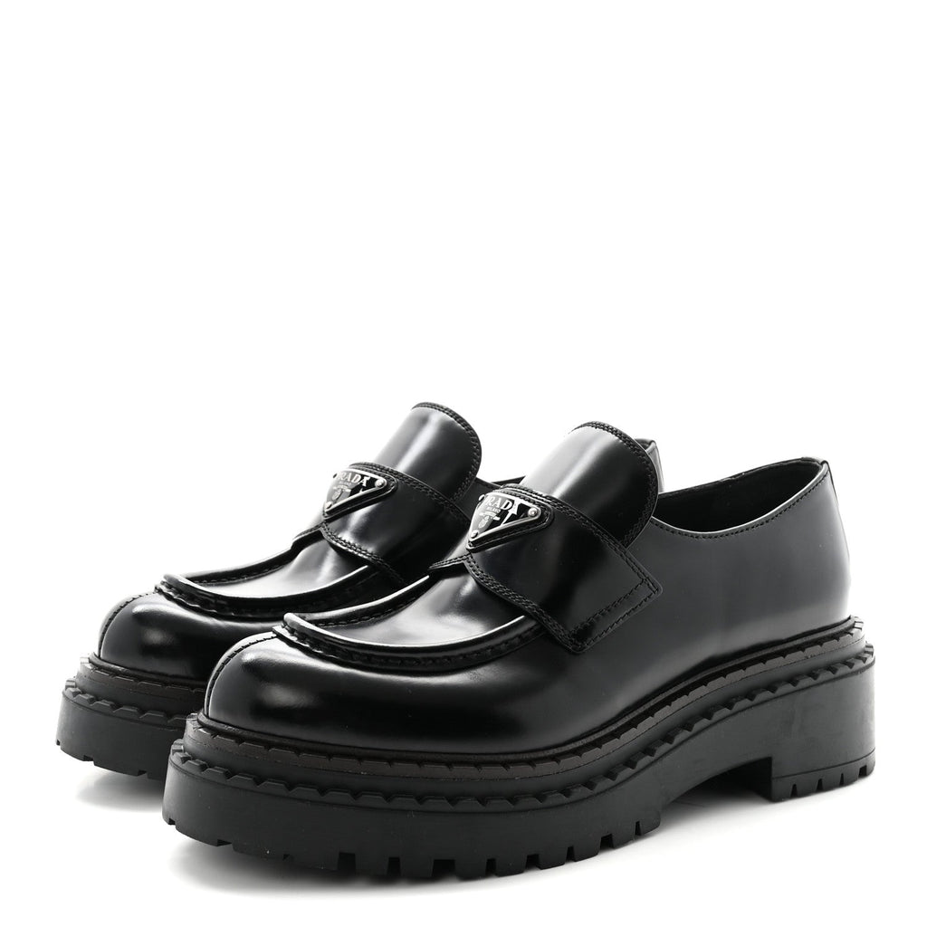 Prada Metal Triangle Logo Double Chocolate Loafers 38 Black