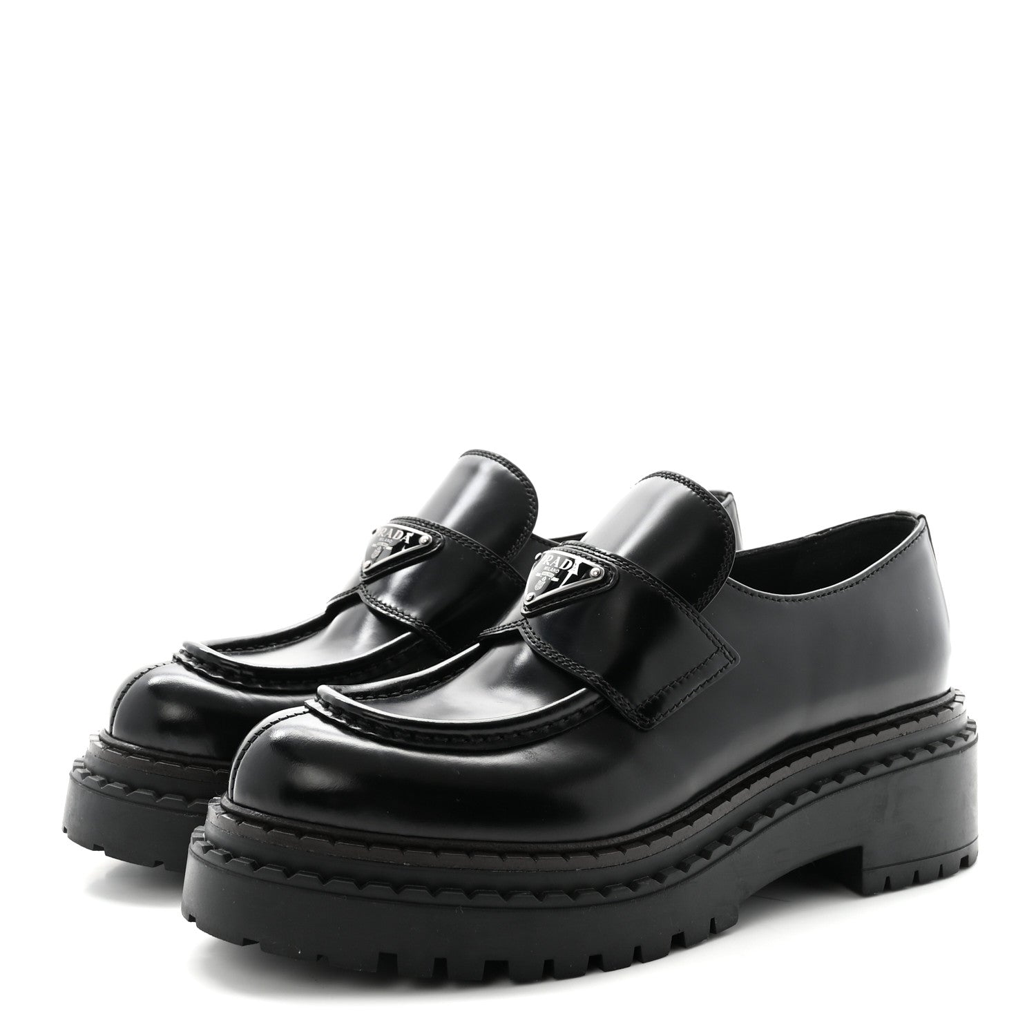 Prada Metal Triangle Logo Double Chocolate Loafers 38 Black