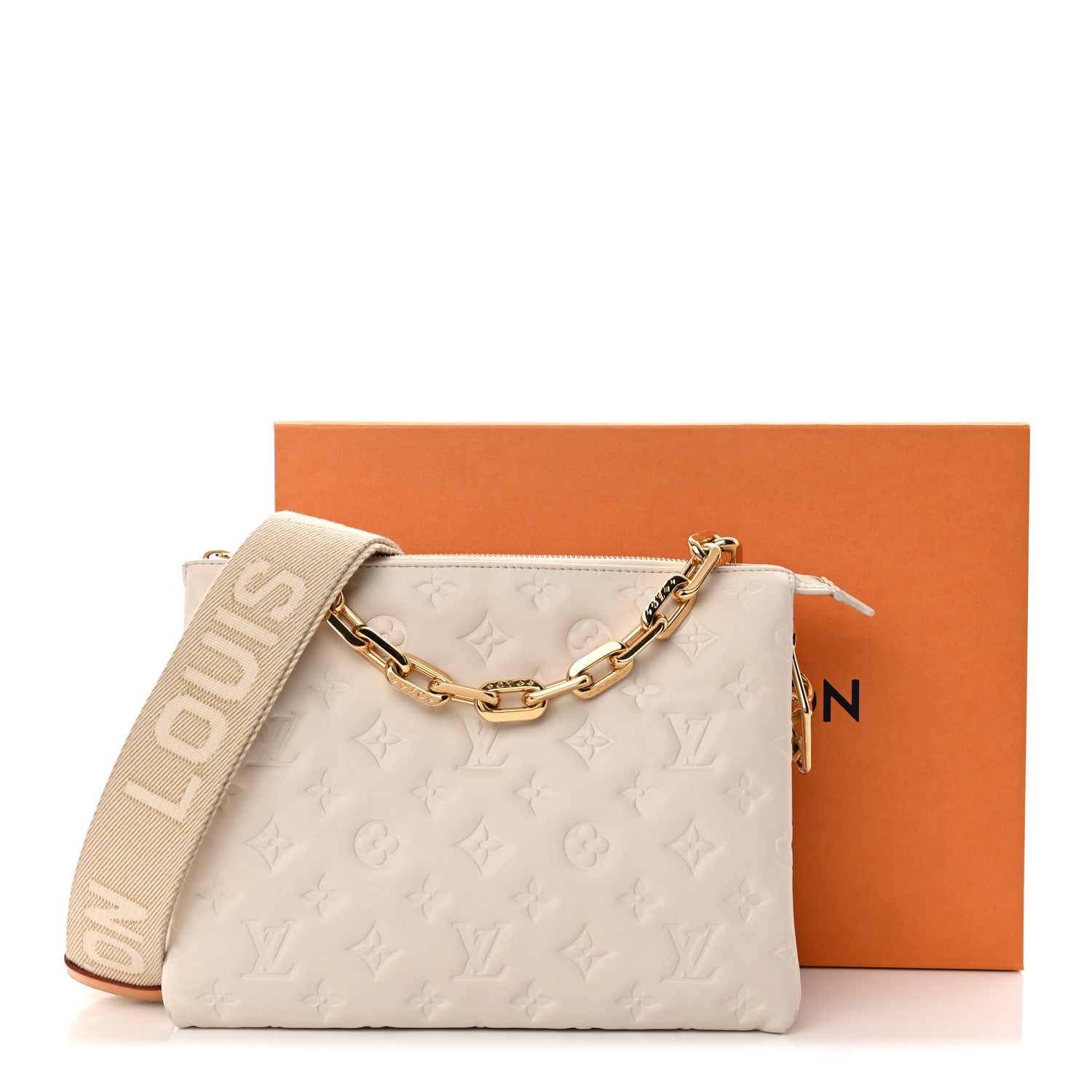 Louis Vuitton Lambskin Embossed Monogram Coussin PM Beige Cream