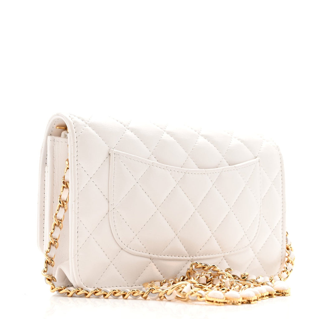 Chanel Shiny Crumpled Calfskin Quilted Enamel Heart Wallet On Chain WOC White