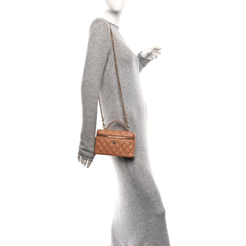 Chanel Caviar Quilted Top Handle Slim Vanity With Chain Brown