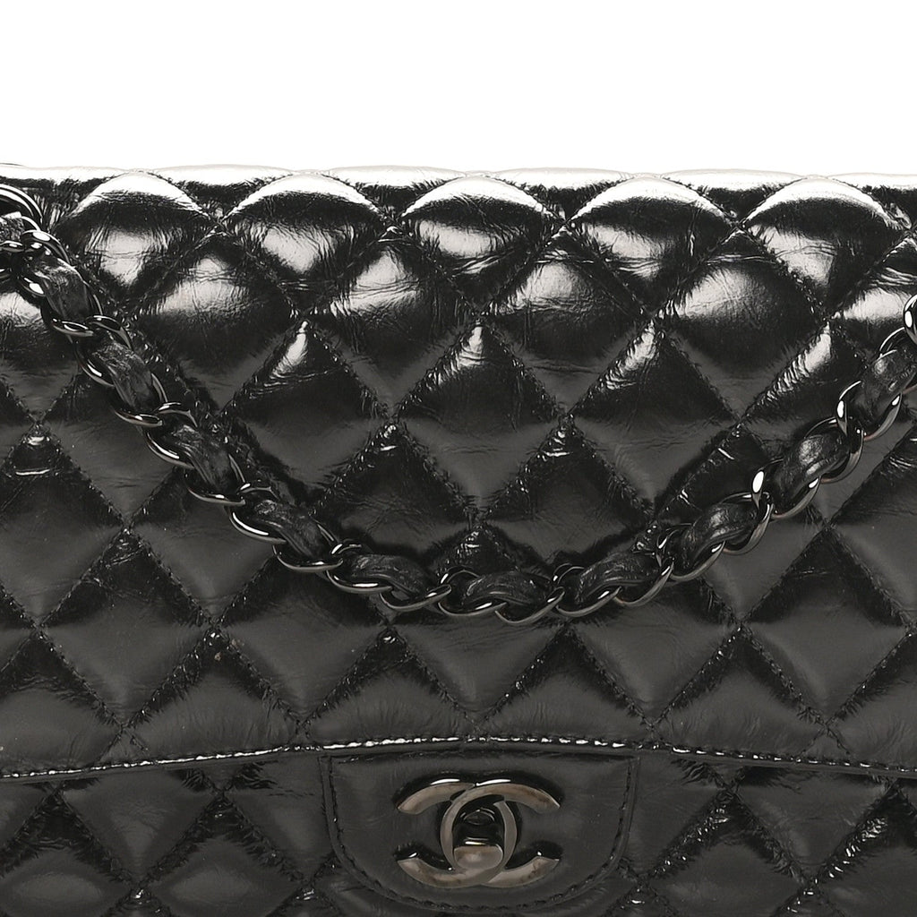 Chanel Shiny Crumpled Calfskin Quilted Medium Double Flap So Black