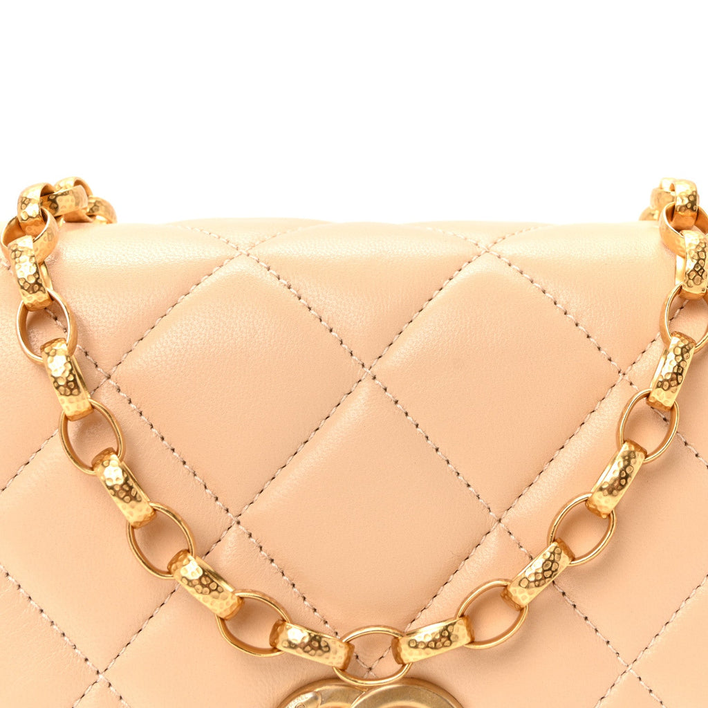 Chanel Lambskin Quilted CC Coin Flap Bag Beige