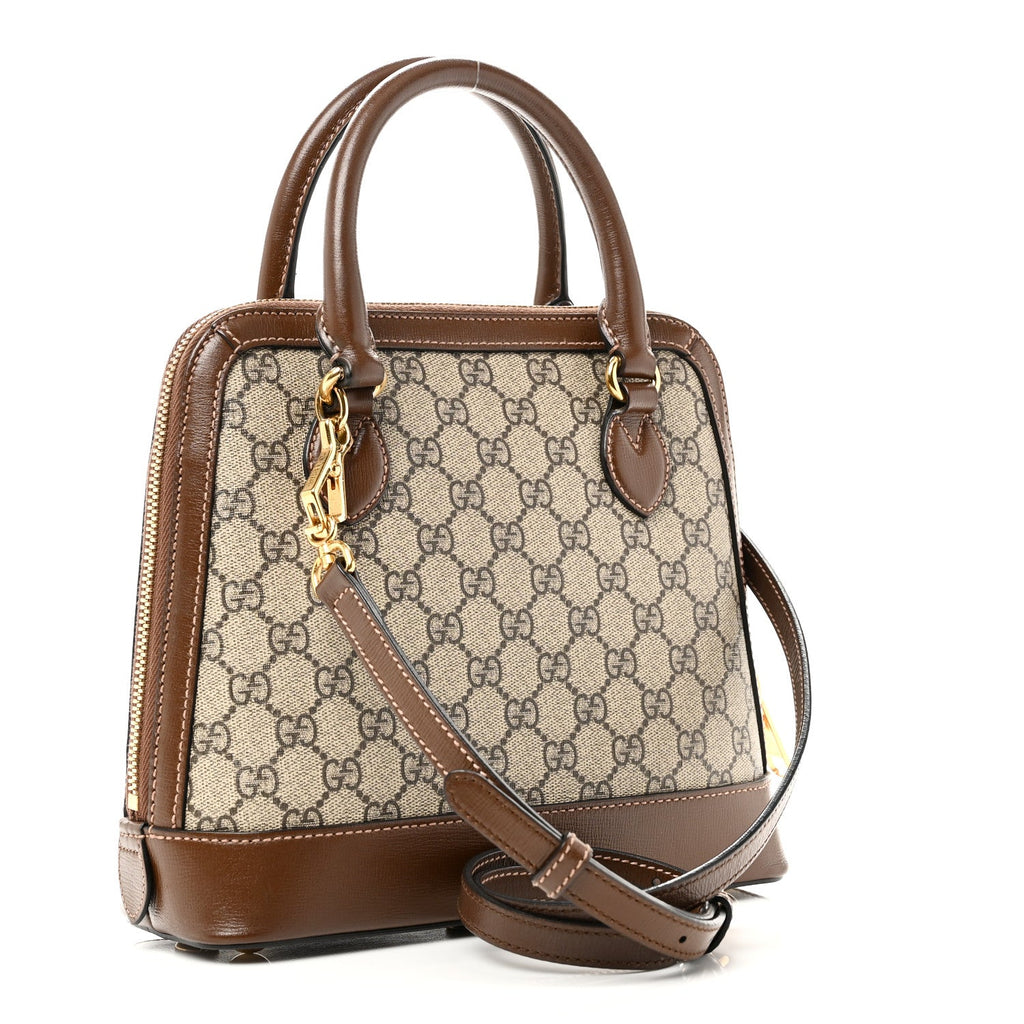 Gucci GG Supreme Monogram Azalea Calfskin Small Horsebit 1955 Top Handle Bag Beige Ebony Brown Sugar
