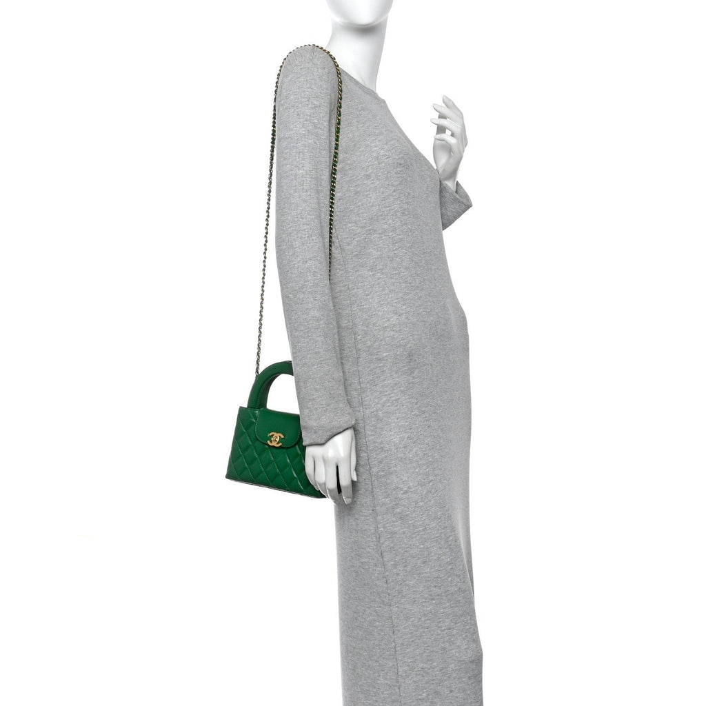Chanel Shiny Aged Calfskin Quilted Nano Kelly Shopper Green