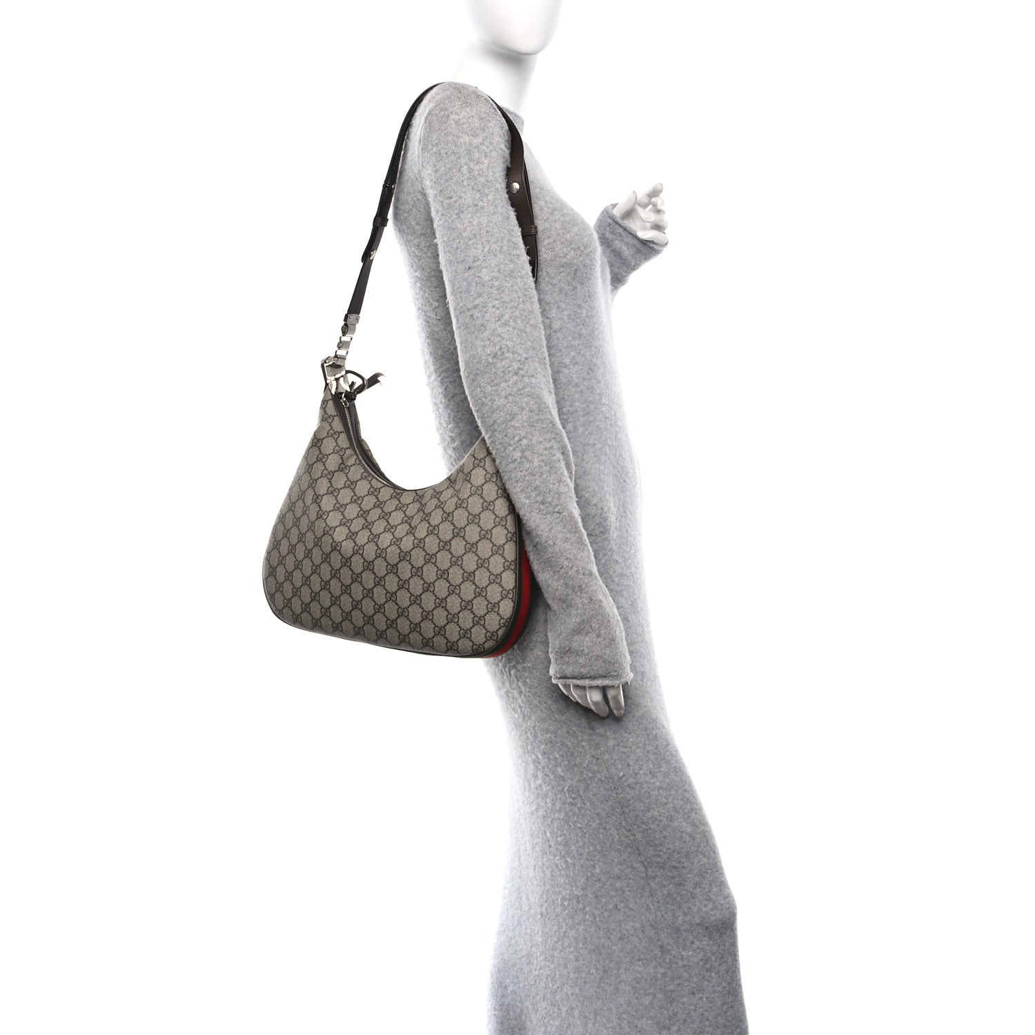 Gucci GG Supreme Monogram Textured Calfskin Web Large Attache Shoulder Bag Beige Ebony New Acero