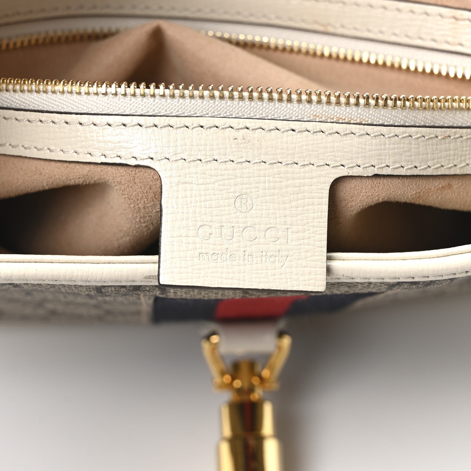 Gucci GG Supreme Monogram Azalea Calfskin Web Small Jackie 1961 Hobo Beige Ebony Mystic White