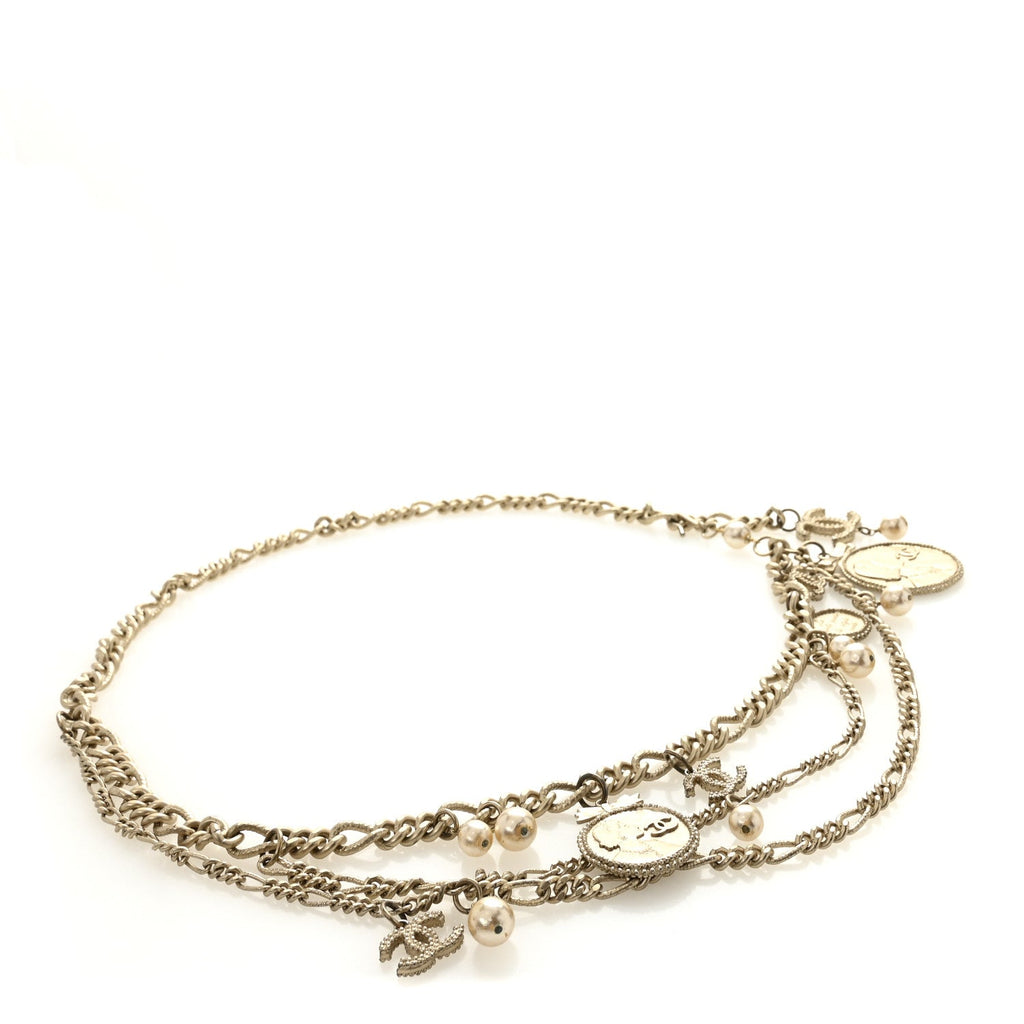 Metal Pearl Chain CC Triple Medallion Charm Belt Gold