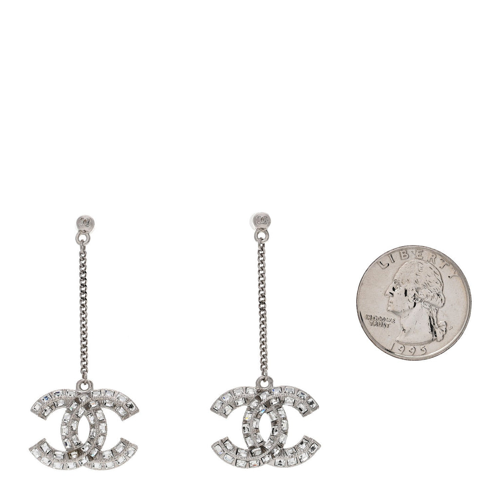 Baguette Crystal CC Drop Earrings Silver