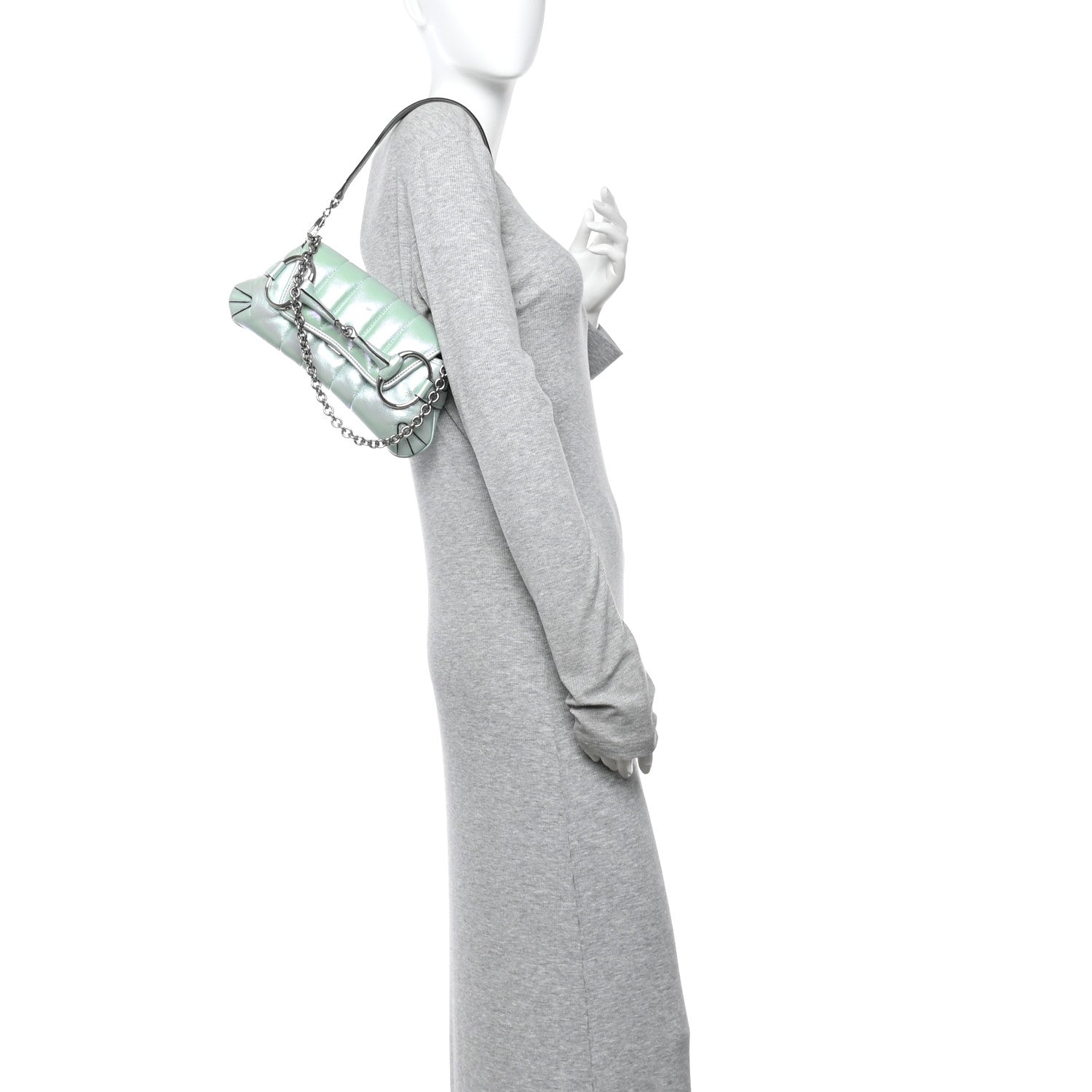 Gucci Iridescent Nappa Vertical Matelasse Small Maxi Horsebit Chain Shoulder Bag Iridescent Salvy Green