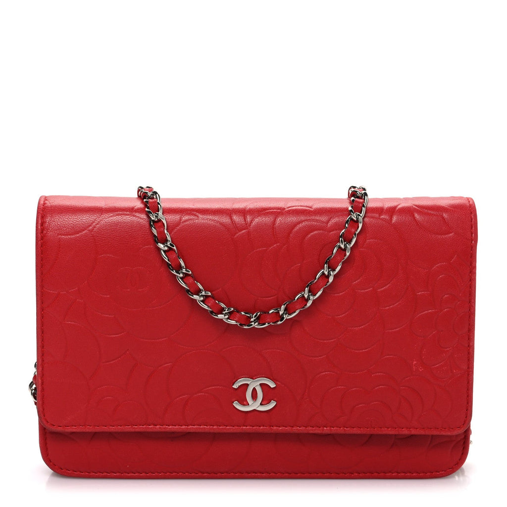 Chanel Lambskin Camellia Embossed Wallet on Chain WOC Red