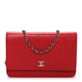 Chanel Lambskin Camellia Embossed Wallet on Chain WOC Red