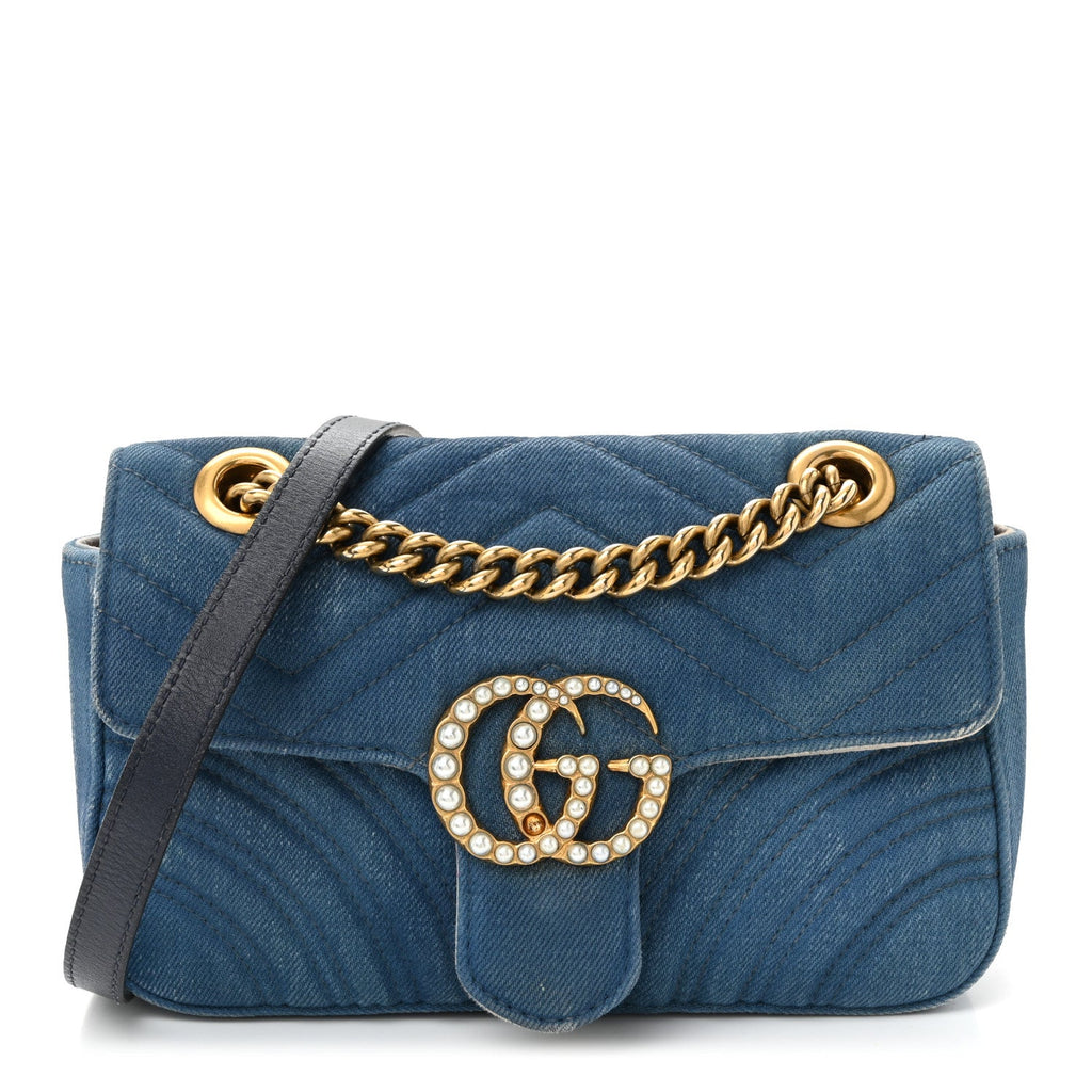 Gucci Denim Matelasse Mini Pearly GG Marmont Shoulder Bag Blue