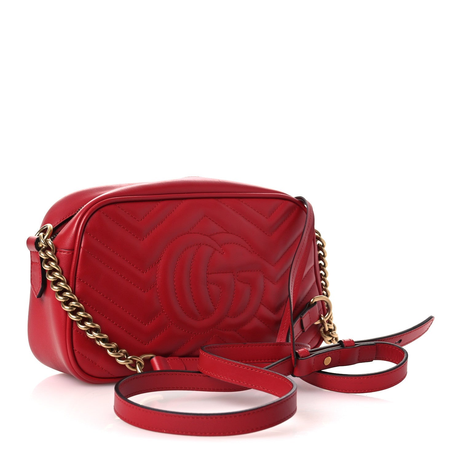 Gucci Calfskin Matelasse Small GG Marmont Chain Shoulder Bag Hibiscus Red