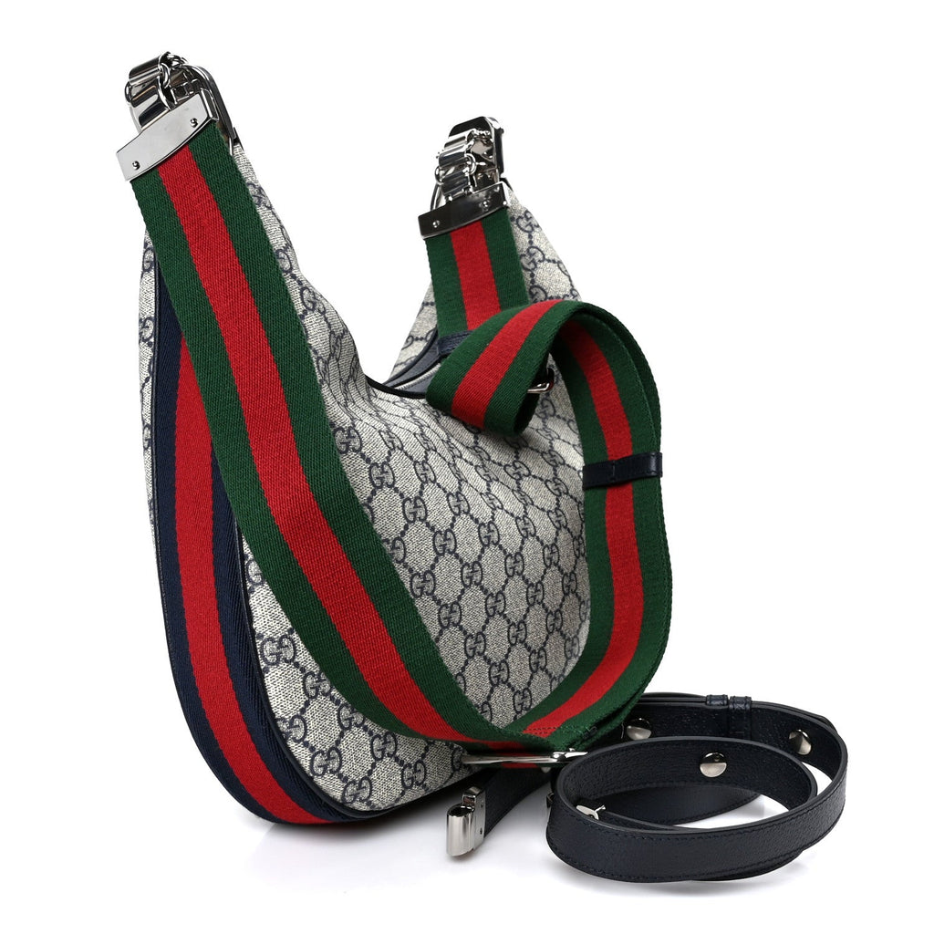 Gucci GG Supreme Monogram Textured Calfskin Web Large Attache Shoulder Bag Beige Blue