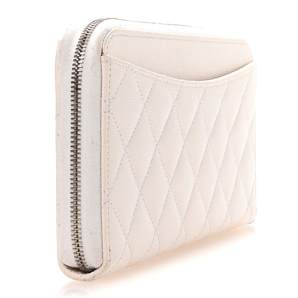 Caviar Quilted Large Gusset Zip Around Wallet White
