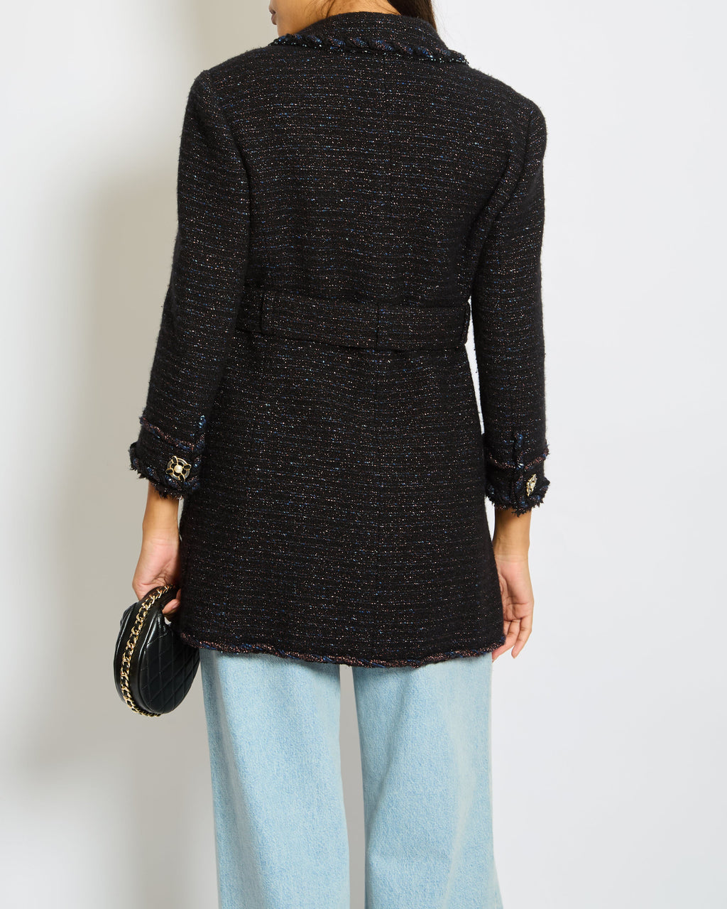 Chanel 07/A Navy Tweed Belted Jacket with Pocket Detail Size FR 38 (UK 10)
