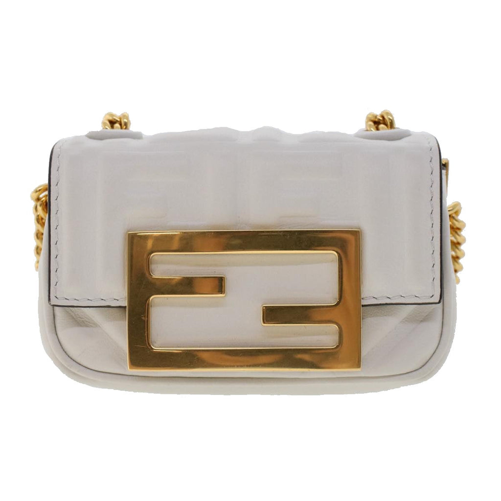 FENDI Zucca Canvas Nano Baguette Chain Shoulder Bag Leather White Auth 47061