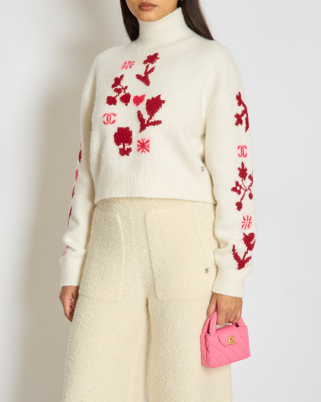 Chanel 24N Cream and Red Coco Neige Floral Cashmere Knitted Jumper Size FR 38 (UK 10)