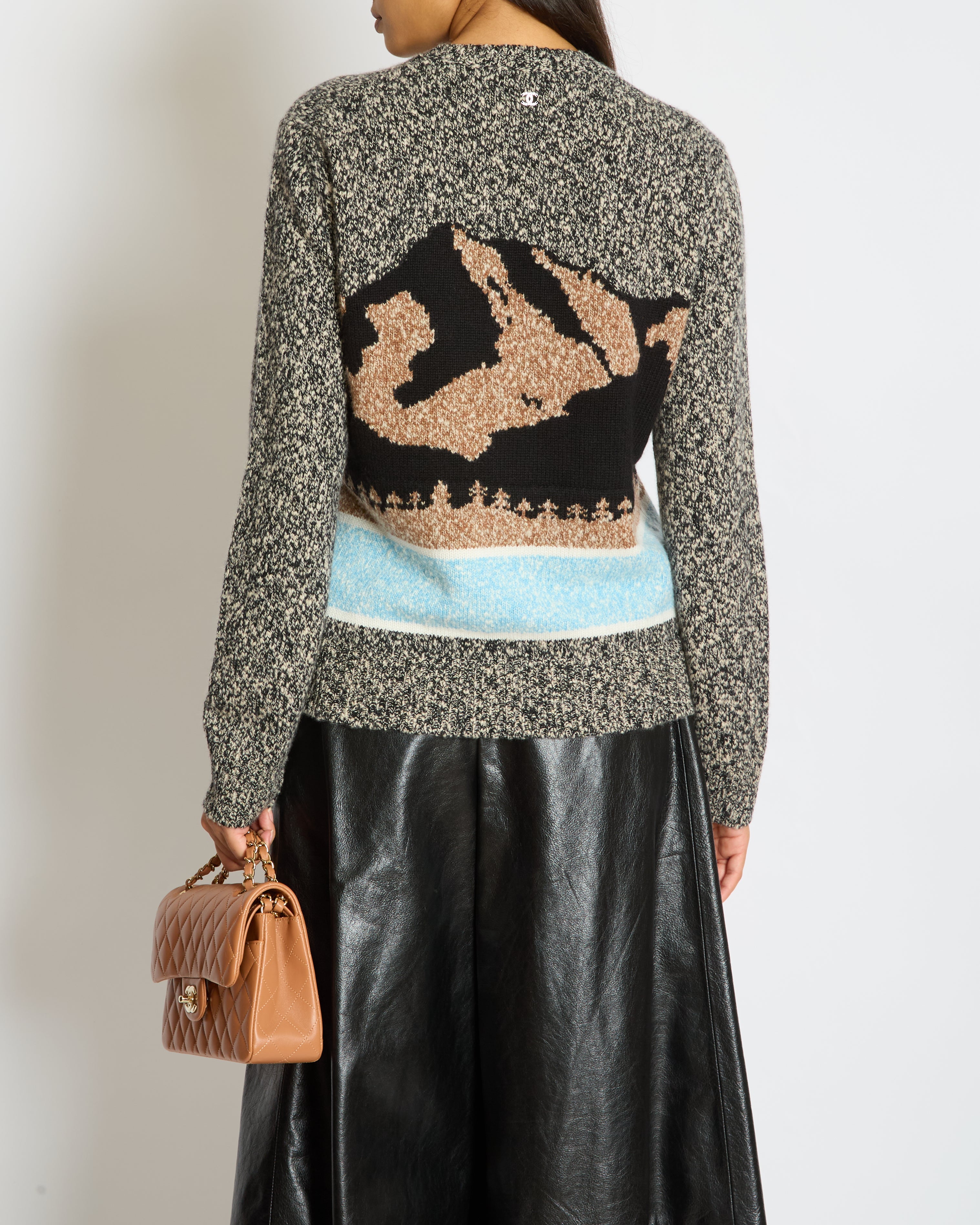 Chanel 24N Grey, Brown and Blue Mountain Cashmere and Wool Jumper with Logo Detail  Size FR 36 (UK 8)