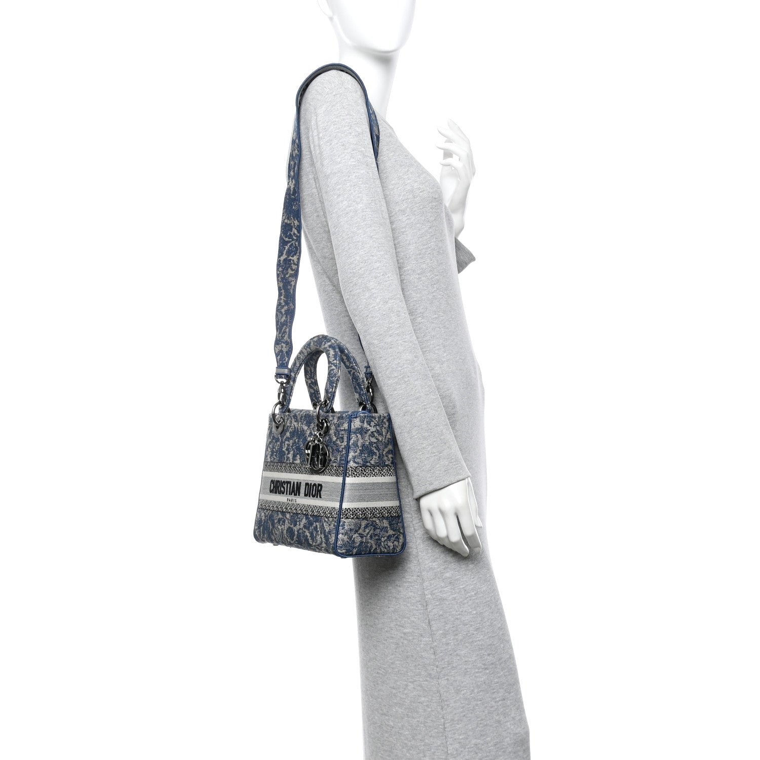 Christian Dior Canvas Embroidered Brocart Medium Lady D-Lite Blue