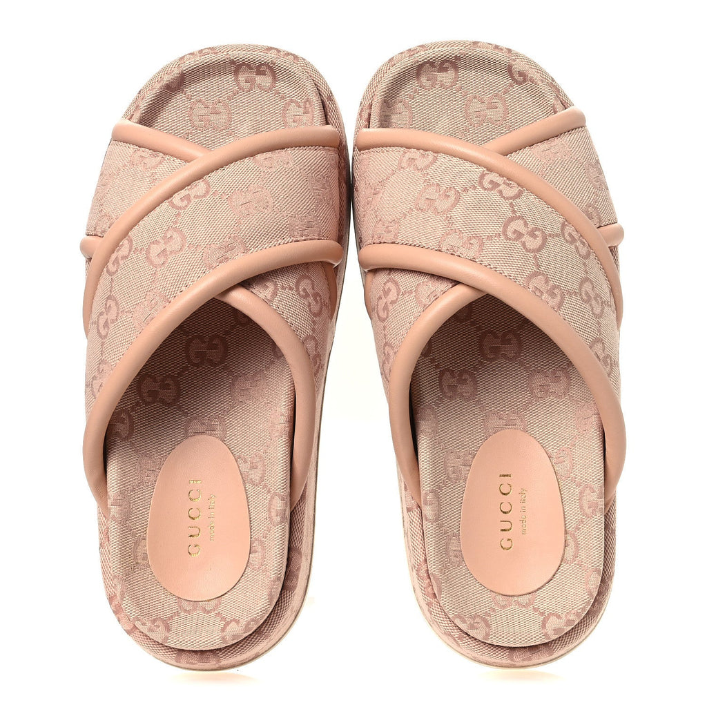 Gucci Monogram GG Calfskin Angelina Platform 55mm Slide Sandals 36.5 Light Pink