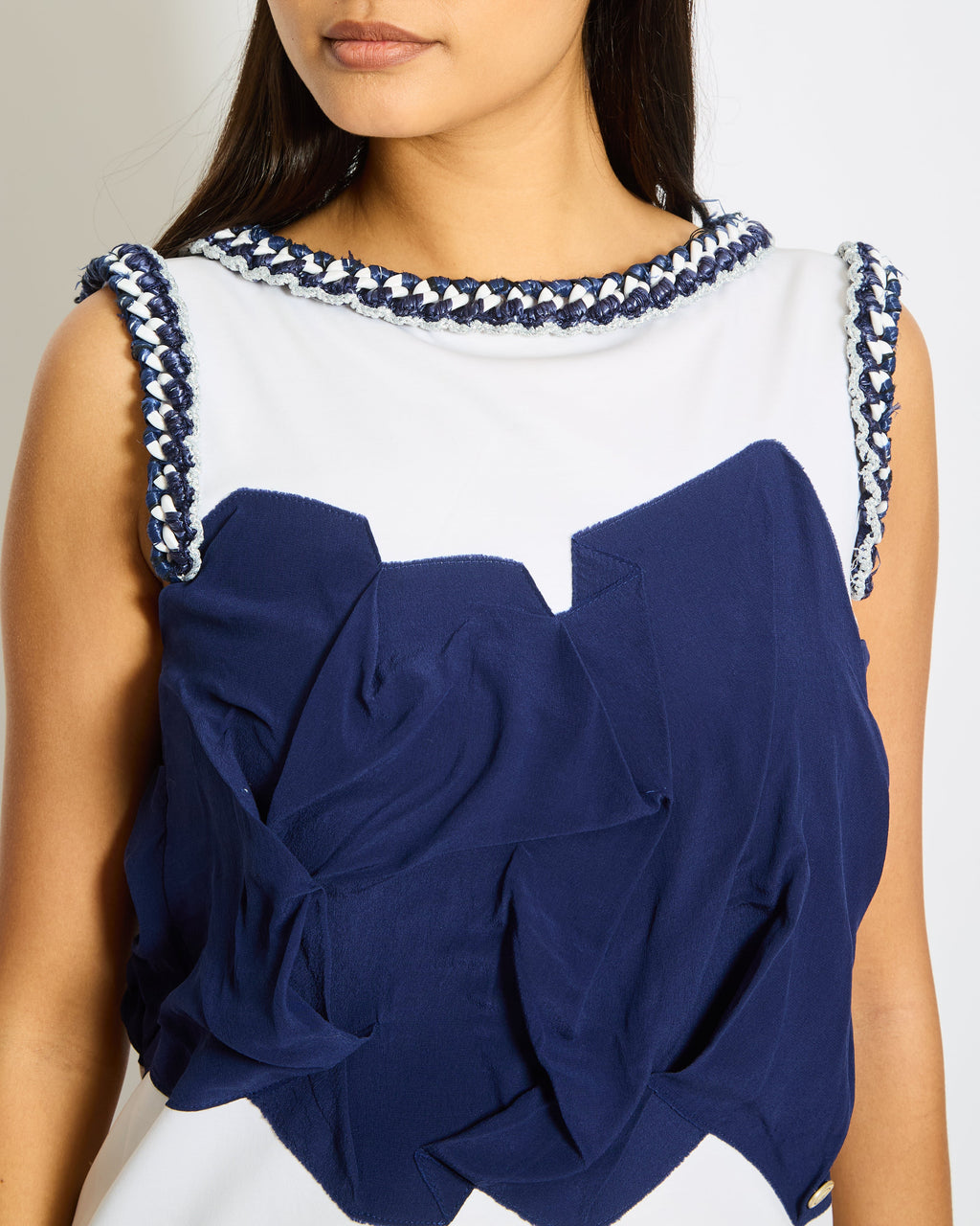 Chanel White and Navy Cotton and Silk Mini Dress with Ruffle Detail and Tweed Trimmed Size FR 36 (UK 8)