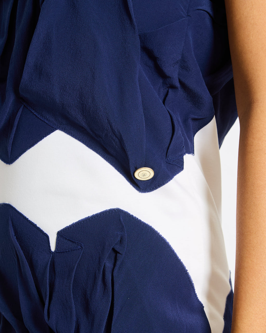 Chanel White and Navy Cotton and Silk Mini Dress with Ruffle Detail and Tweed Trimmed Size FR 36 (UK 8)