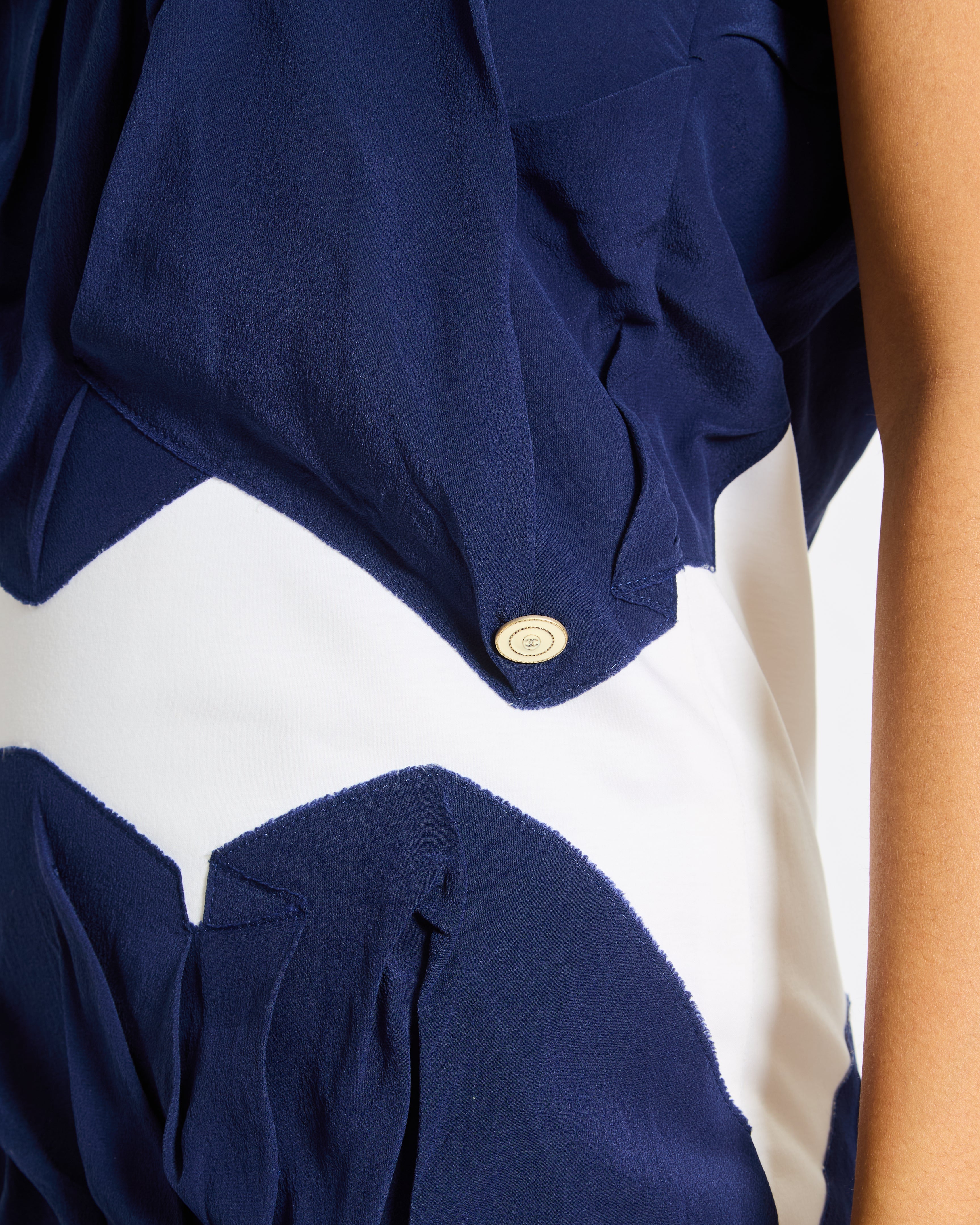 Chanel White and Navy Cotton and Silk Mini Dress with Ruffle Detail and Tweed Trimmed Size FR 36 (UK 8)