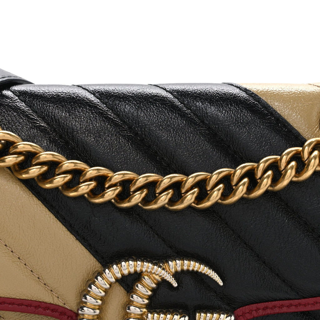 Gucci Vintage Effect Calfskin Matelasse Diagonal Striped Mini Torchon GG Marmont Shoulder Bag Black Beige