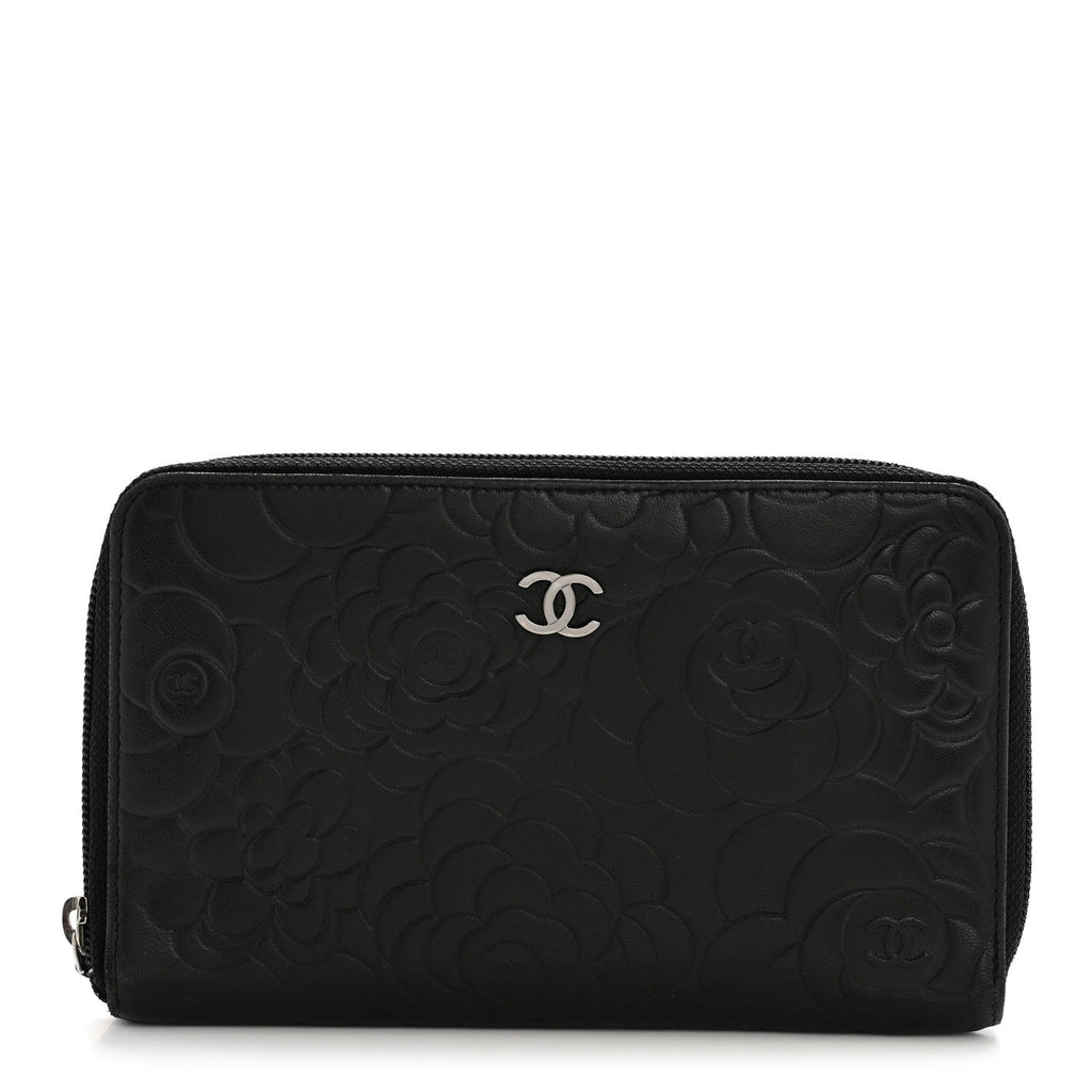 Lambskin Camellia Embossed Zip Around Organizer Wallet Black