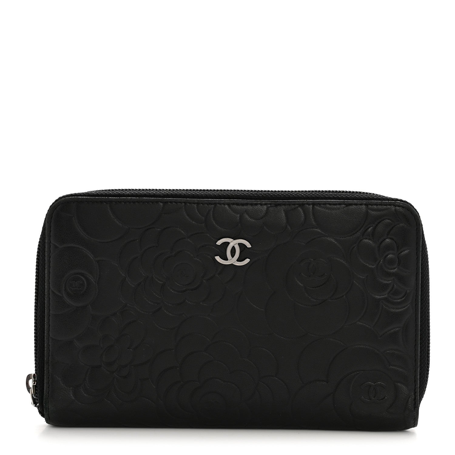 Lambskin Camellia Embossed Zip Around Organizer Wallet Black